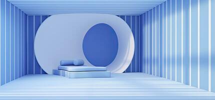 ai gerado azul listrado geométrico forma quarto com uma moderno luxo sofá 3d Renderização foto
