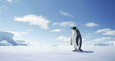 ai gerado pinguim em pé dentro Antártica olhando para dentro a azul céu. ai gerado foto