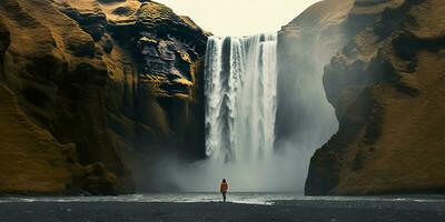 ai gerado mulher negligenciar cascata. generativo ai foto