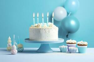 ai gerado aniversário bolo com velas e doces em branco mesa perto azul muro. generativo ai foto