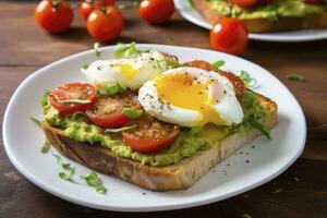 ai gerado abacate torrada com ovos e assado tomates. ai gerado foto