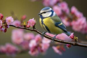 ai gerado uma bluetit pássaro em repouso em a ramo do uma árvore. ai gerado. foto