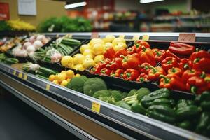 ai gerado frutas e legumes em fazer compras ficar de pé dentro supermercado mercearia loja. ai gerado foto