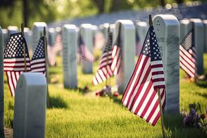 ai gerado militares lápides e lápides decorado com bandeiras para memorial dia. ai gerado foto