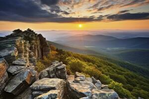 ai gerado pôr do sol em pedregoso homem montanha. ai gerado foto