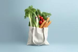 ai gerado mercearia cheio bolsa. branco compras saco com legumes dentro luz azul fundo. generativo ai foto