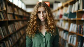 ai gerado uma 20 ano velho mulher dentro uma verde vestir e ondulado cabelo, dentro livraria prateleiras. foto