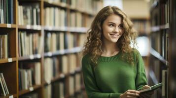 ai gerado uma 20 ano velho mulher dentro uma verde vestir e ondulado cabelo, dentro livraria prateleiras. foto