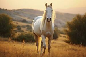 ai gerado branco cavalo ou égua dentro a montanhas às pôr do sol. ai gerado foto