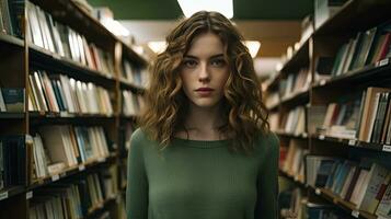 ai gerado uma 20 ano velho mulher dentro uma verde vestir e ondulado cabelo, dentro livraria prateleiras. foto