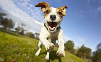 ai gerado jack Russel pároco cachorro corre em direção a a Câmera baixo ângulo Alto Rapidez tomada. ai gerado foto