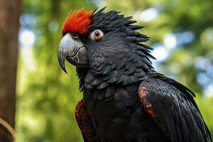 ai gerado uma beautful vermelho atado Preto cacatua. ai gerado foto