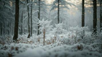 ai gerado sussurrando ventos dentro a inverno floresta construir a imagem este transmite a abafado atmosfera do uma Nevado floresta, com uma leve brisa causando delicado flocos de neve para dança dentro a ar foto