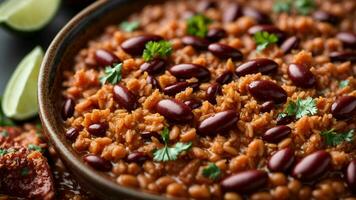 ai gerado característica uma fechar-se tiro do a vermelho rim feijões dentro seu feijoada indiana arroz prato. foto