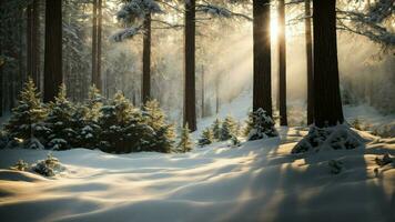 ai gerado descrever a intrincado interação do sombras e luz dentro uma denso pinho floresta durante inverno, Onde cada agulha é delicadamente revestido com neve, e a luz solar filtros através a foto