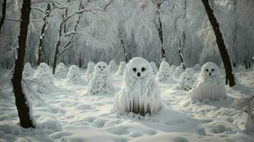 ai gerado descrever a fenômeno do neve fantasmas criada de a acumulação do neve em a torcido galhos do uma decíduo floresta. foto