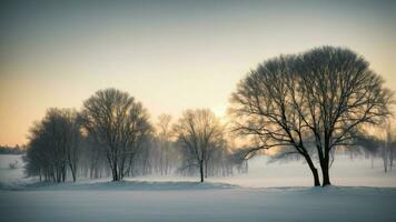 ai gerado inverno silhuetas quadro, Armação uma minimalista composição com a silhueta do coberto de neve árvores contra a suave brilho do a inverno céu, enfatizando a simplicidade e beleza do natureza. foto