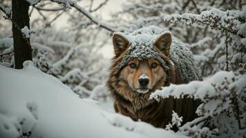 ai gerado crônica a viagem do uma solitário animal navegação a labirinto do carregado de neve galhos dentro procurar do sustento. foto