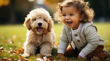 ai gerado criança pequena rindo Como ela tocam com uma minúsculo filhote de cachorro, a dois do eles rolando por aí em a Relva foto