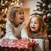 ai gerado crianças excitadamente olhando às decorações e presentes debaixo a Natal árvore. foto