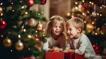 ai gerado crianças excitadamente olhando às decorações e presentes debaixo a Natal árvore. foto