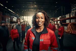 ai gerado retrato do sorridente africano americano fêmea armazém trabalhador em pé dentro armazém com colegas dentro fundo foto