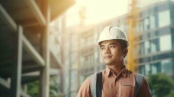 ai gerado retrato do ásia engenheiro ou arquiteto em construção local com construção fundo foto