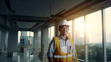 ai gerado retrato do ásia engenheiro ou arquiteto em construção local com construção fundo foto