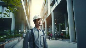 ai gerado retrato do ásia engenheiro ou arquiteto em construção local com construção fundo foto