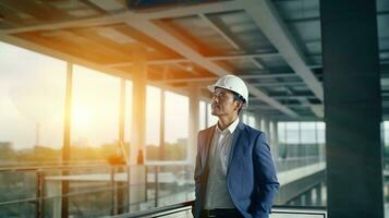 ai gerado retrato do ásia engenheiro ou arquiteto em construção local com construção fundo foto