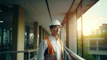 ai gerado retrato do ásia engenheiro ou arquiteto em construção local com construção fundo foto