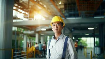 ai gerado retrato do ásia engenheiro ou arquiteto em construção local com construção fundo foto