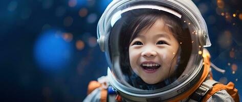 ai gerado retrato do uma fofa ásia pequeno menina vestindo astronauta traje e sorridente dentro espaço foto