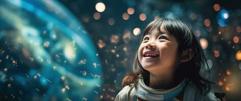 ai gerado retrato do uma fofa ásia pequeno menina vestindo astronauta traje e sorridente dentro espaço foto