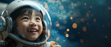ai gerado retrato do uma fofa ásia pequeno menina vestindo astronauta traje e sorridente dentro espaço foto