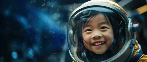 ai gerado retrato do uma fofa ásia pequeno menina vestindo astronauta traje e sorridente dentro espaço foto