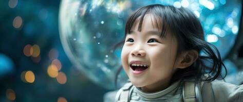 ai gerado retrato do uma fofa ásia pequeno menina vestindo astronauta traje e sorridente dentro espaço foto