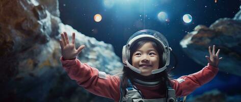 ai gerado retrato do uma fofa ásia pequeno menina vestindo astronauta traje e sorridente dentro espaço foto