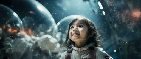 ai gerado retrato do uma fofa ásia pequeno menina vestindo astronauta traje e sorridente dentro espaço foto