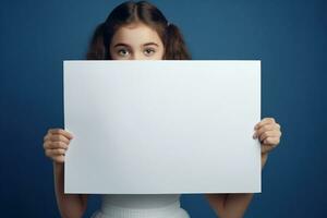 ai gerado fofa pequeno menina segurando em branco branco Folha do papel dentro dela mãos foto