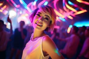 ai gerado retrato do jovem lindo ásia mulher dançando dentro noite clube. foto