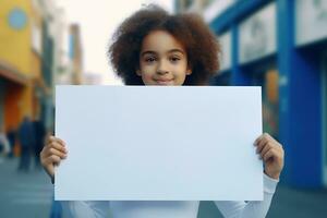 ai gerado fofa pequeno menina segurando em branco branco Folha do papel dentro dela mãos foto