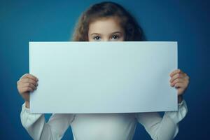 ai gerado fofa pequeno menina segurando em branco branco Folha do papel dentro dela mãos foto