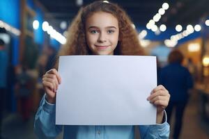 ai gerado fofa pequeno menina segurando em branco branco Folha do papel dentro dela mãos foto