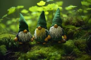 ai gerado brinquedo irlandês gnomos dentro uma mistério floresta, abstrato verde natural fundo. generativo ai foto