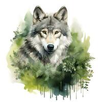 ai gerado Lobo animal dentro vegetação para crianças emocional aquarelas. ai gerado foto