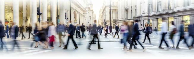 ai gerado caminhando pessoas borrão. grande quantidade do pessoas andar dentro a cidade do Londres. Largo panorâmico Visão do pessoas cruzando a estrada. ai gerado foto