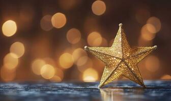 ai gerado espumante dourado Natal estrela. enfeite decoração desfocado bokeh fundo. ai gerado foto