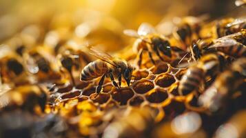 ai gerado ocupado abelhas iluminar trabalho em equipe em favo de mel foto