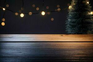 ai gerado madeira mesa dentro frente do Natal luz noite, abstrato circular bokeh fundo. pró foto